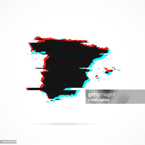 spain map in distorted glitch style. modern trendy effect - tv screen texture stock illustrations