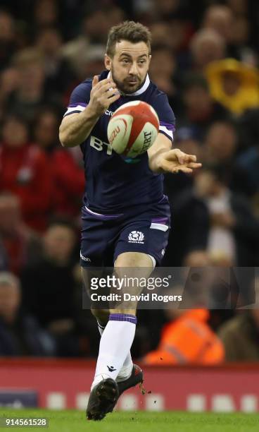 Greig Laidlaw of Scotland passes the ball during the NatWest Six Nations match between Wales and Scotland at the Principality Stadium on February 3,...