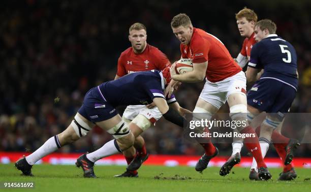 Bradley Davies of Wales charges upfield during the NatWest Six Nations match between Wales and Scotland at the Principality Stadium on February 3,...