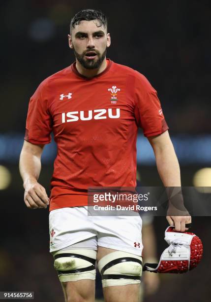 Cory Hill of Wales looks on during the NatWest Six Nations match between Wales and Scotland at the Principality Stadium on February 3, 2018 in...
