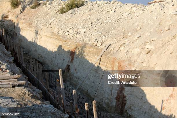 Construction of an emplacement is seen after Turkish Armed Forces and Free Syrian Army cleared Dikmetas village in the town of Sharan and Mount...