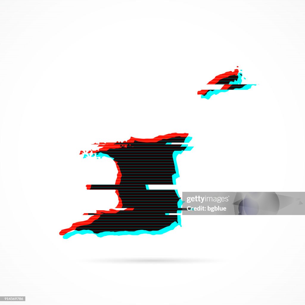 Mapa de Trinidad y Tobago en estilo glitch distorsionada. Moderno efecto moda