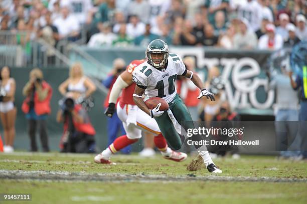 Wide Receiver DeSean Jackson of the Philadelphia Eagles runs for a touchdown after a reception during the game against the Kansas City Chiefs on...
