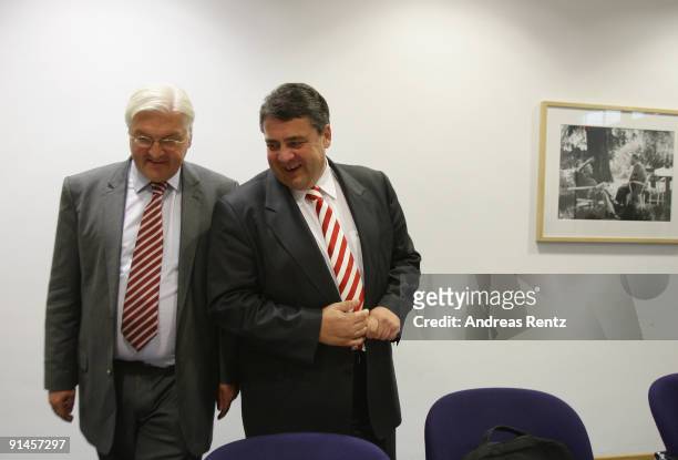 Current German Foreign Minister Frank-Walter Steinmeier and leader of the SPD parliamentary group and Sigmar Gabriel, current Environment Minister of...