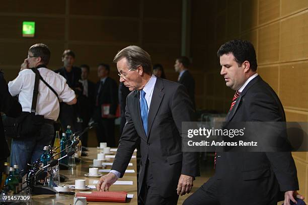 Outgoing Chairman Franz Muentefering and Hubertus Heil, General Secretary of the German Social Democrats arrive for a meeting at SPD headquarters at...