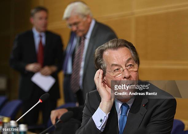 Outgoing Chairman Franz Muentefering of the German Social Democrats gestures prior to a meeting at SPD headquarters at Willy-Brandt-Haus on October...