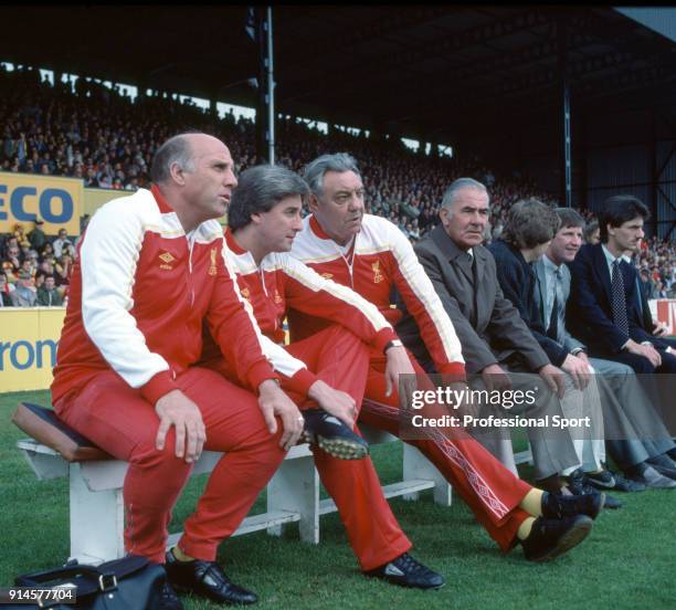 The Liverpool bench during the Football League Division One match between Watford v Liverpool at Vicarage Road on May 14, 1983 in Watford, England. :...