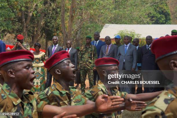 Central African Republic President Faustin-Archange Touadera looks as former Central African rebels take part in a ceremony at Camp Kasai in Bangui...