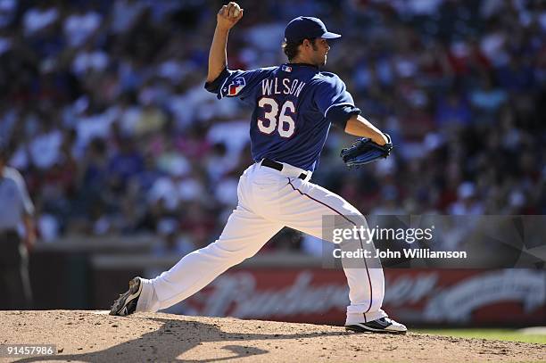 Wilson#36 of the Texas Rangers pitches during the game against the Tampa Bay Rays at Rangers Ballpark in Arlington in Arlington, Texas on Sunday,...