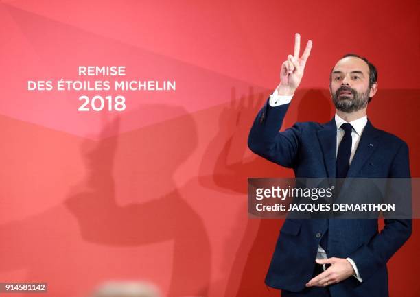 French Prime Minister Edouard Philippe gestures as he speaks during the Michelin guide award ceremony at La Seine Musicale in Boulogne-Billancourt...