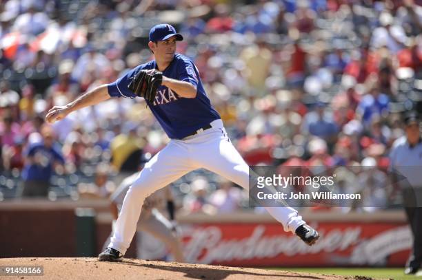 Brandon McCarthy#20 of the Texas Rangers pitches during the game against the Tampa Bay Rays at Rangers Ballpark in Arlington in Arlington, Texas on...