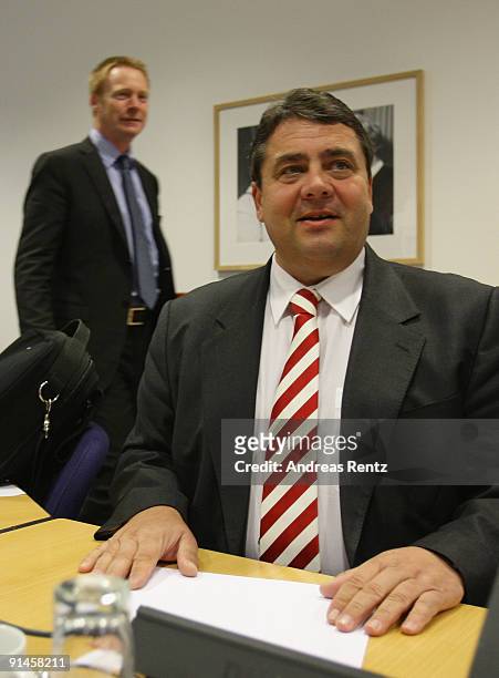 Sigmar Gabriel current Environment Minister and Christoph Matschie of the German Social Democrats arrive for a executive committee meeting at SPD...