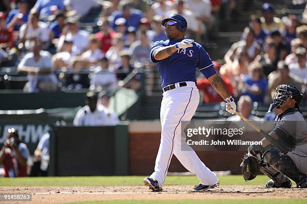 Andruw Jones#25 of the Texas Rangers bats during the game against the Tampa Bay Rays at Rangers Ballpark in Arlington in Arlington, Texas on Sunday,...