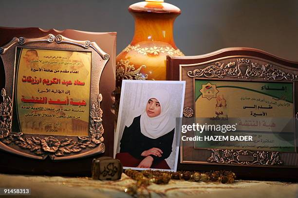 Portrait of Palestinian Hamas supporter student Hiba al-Natsheh, one of the 20 women who will be freed from Israeli jails in return for a video of...