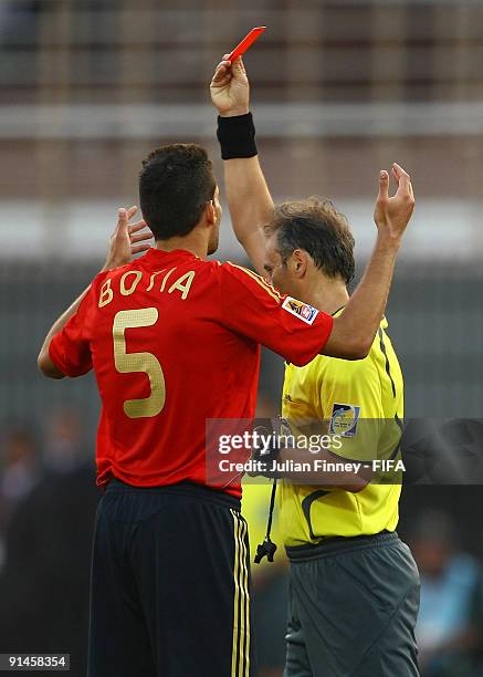 Referee, Hector Baldassi sends off Alberto Botia of Spain during the last 16, FIFA U20 World Cup match between Spain and Italy at the Al Salam...