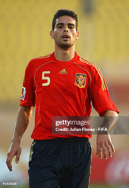 Alberto Botia of Spain looks on during the last 16, FIFA U20 World Cup match between Spain and Italy at the Al Salam Stadium on October 5, 2009 in...