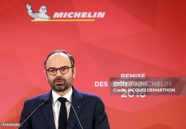 French Prime Minister Edouard Philippe speaks during the Michelin guide award ceremony at La Seine Musicale in Boulogne-Billancourt near Paris on...
