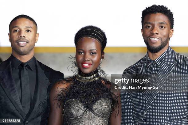 Actor Michael B. Jordan, Lupita Nyong'o, and Chadwick Boseman arrive at the red carpet of the Seoul premiere of 'Black Panther' on February 5, 2018...