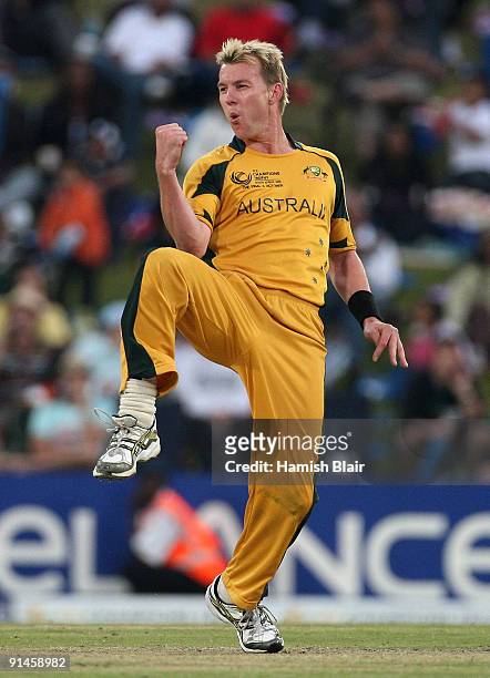 Brett Lee of Australia celebrates the wicket of James Franklin of New Zealand during the ICC Champions Trophy Final between Australia and New Zealand...