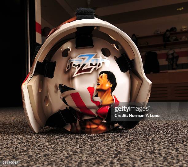 Detailed view of the mask of goaltender Ray Emery in the locker room at the Virtua Center Flyers Skate Zone training facility on August 26, 2009 in...