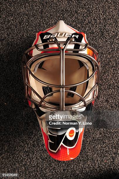 Detailed view of the mask of goaltender Ray Emery in the locker room at the Virtua Center Flyers Skate Zone training facility on August 26, 2009 in...