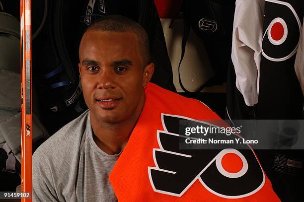 Goaltender Ray Emery of the Philadelphia Flyers poses for a portrait in the locker room at the Virtua Center Flyers Skate Zone training facility on...