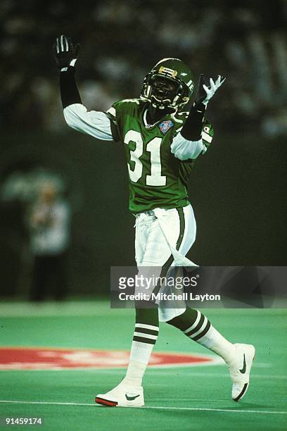 Terry Glenn of the New York Jets reacts to play during a NFL football game against the Detroit Lions on December 10, 1994 at Giants Stadium in East...