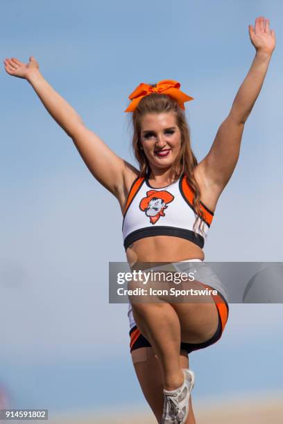 Oklahoma State Cowboys cheerleader during the Big 12 conference college Bedlam rivalry football game between the Oklahoma Sooners and the Oklahoma...