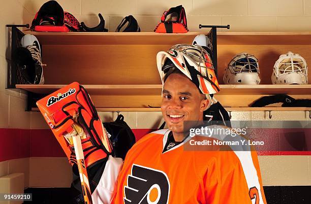 Goaltender Ray Emery of the Philadelphia Flyers poses for a portrait in the locker room at the Virtua Center Flyers Skate Zone training facility on...