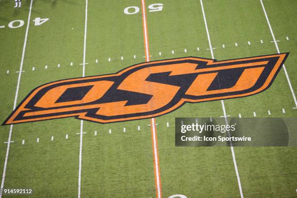 Oklahoma State Cowboys midfield logo during the Big 12 conference college Bedlam rivalry football game between the Oklahoma Sooners and the Oklahoma...