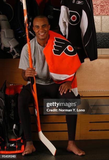 Goaltender Ray Emery of the Philadelphia Flyers poses for a portrait in the locker room at the Virtua Center Flyers Skate Zone training facility on...