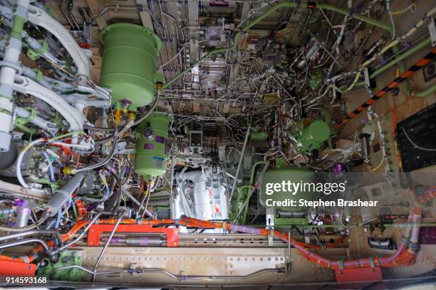 The wheel well of the first Boeing 737 MAX 7 aircraft as it sits on the tarmac outside of the Boeing factory on February 5, 2018 in Renton,...