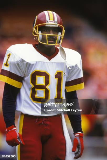 Art Monk of the Washington Redkins looks on before a NFL football game against the Dallas Cowboys on November 24, 1991 at RFK Stadium in Washington...