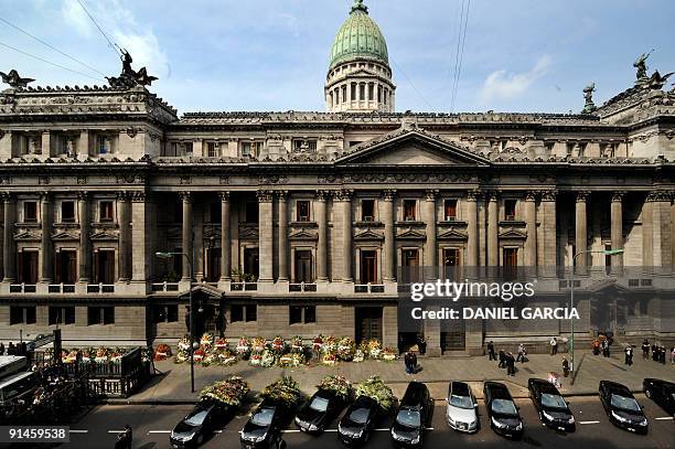 Hearses remain parked in front of the Congress building during the wake of Argentine singer Mercedes Sosa in Buenos Aires on October 5, 2009....