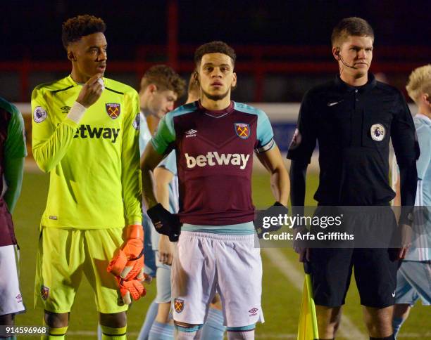 Nathan Trott and Marcus Browne of West Ham United await kick-off prior to the Premier League 2 match between West Ham United and Sunderland at...