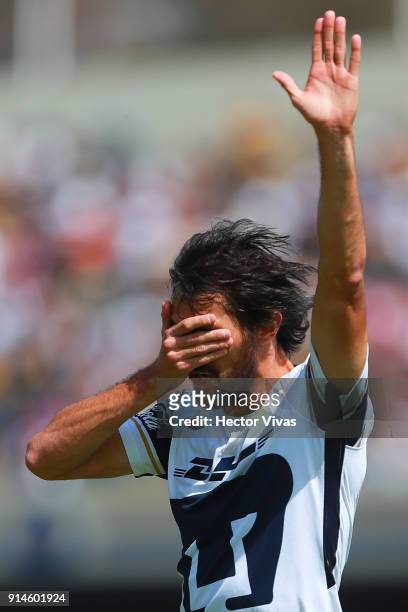 Alejandro Arribas of Pumas celebrates after scoring the first goal of his team during the 5th round match between Pumas UNAM and Tigres UANL as part...