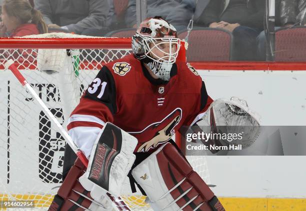 Scott Wedgewood of the Arizona Coyotes gets ready to make a save against the Dallas Stars at Gila River Arena on February 1, 2018 in Glendale,...