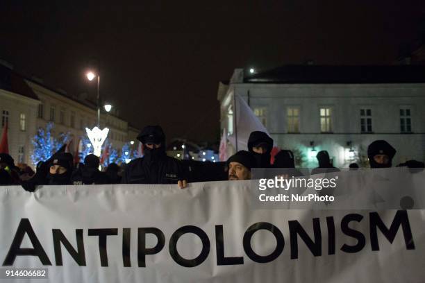 Far-right protest near Presidental Palace in Warsaw on February 5, 2018 Manifestation organized by Far-Right groups to protest against reaction of...