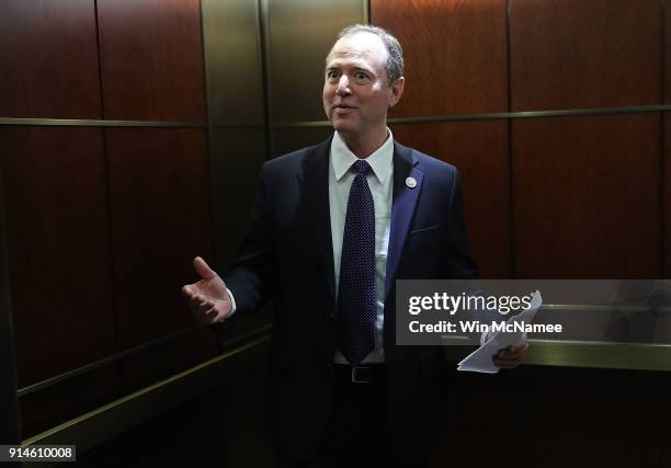 Rep. Adam Schiff , ranking member of the House Permanent Select Committee on Intelligence, answers brief questions from the media while boarding an...