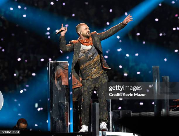 Recording artist Justin Timberlake performs onstage during the Pepsi Super Bowl LII Halftime Show at U.S. Bank Stadium on February 4, 2018 in...