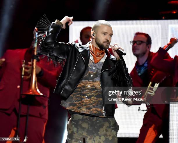 Recording artist Justin Timberlake performs onstage during the Pepsi Super Bowl LII Halftime Show at U.S. Bank Stadium on February 4, 2018 in...