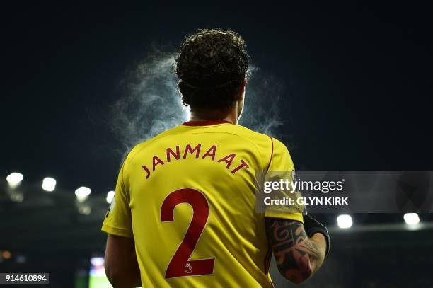 Watford's Dutch defender Daryl Janmaat prepares to throw the ball in during the English Premier League football match between Watford and Chelsea at...