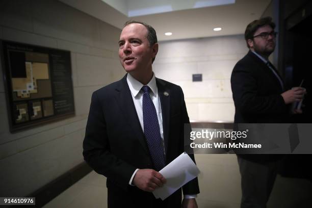 Rep. Adam Schiff , ranking member of the House Permanent Select Committee on Intelligence, answers brief questions from the media while boarding an...