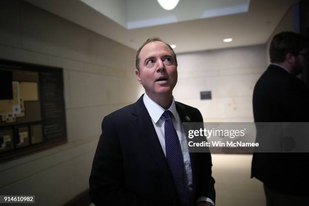 Rep. Adam Schiff , ranking member of the House Permanent Select Committee on Intelligence, answers brief questions from the media while boarding an...