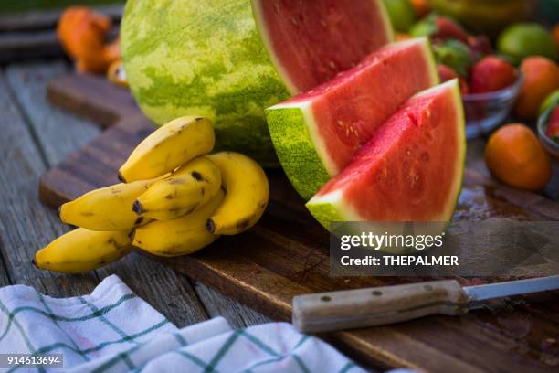 watermelon and bananas - strawberry banana stock pictures, royalty-free photos & images