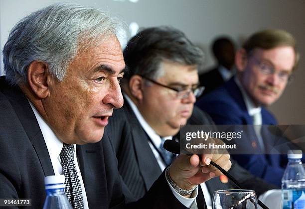 In this handout image supplied by the IMF, International Monetary Fund's Managing Director Dominique Strauss-Kahn , Mexico's Finance Minister and...