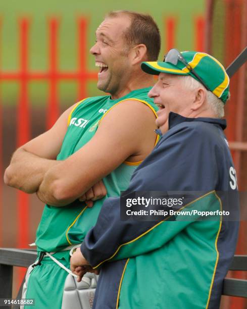 Jacques Kallis of South Africa and coaching consultant Duncan Fletcher laugh during a training session before the 1st Test match between South Africa...