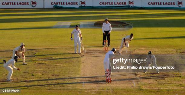 England batsman Graham Onions plays the final delivery of the match from South African bowler Makhaya Ntini to secure the draw in the 1st Test match...