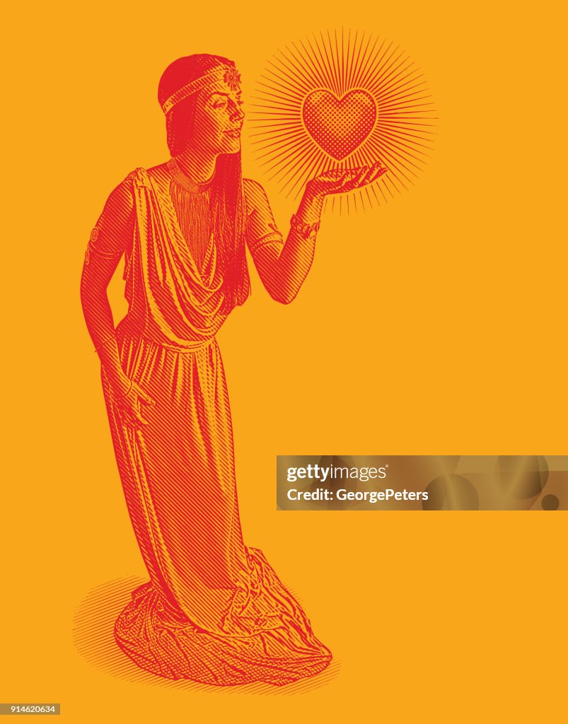 Engraving of Beautiful goddess of love and romance holding glowing heart