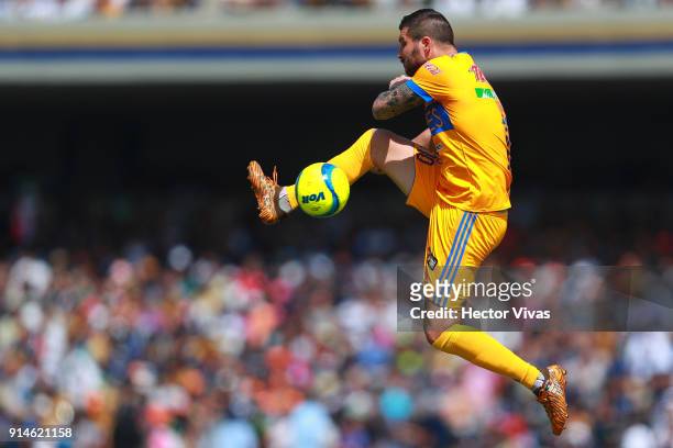 Andre Pierre Gignac of Tigres kicks the ball during the 5th round match between Pumas UNAM and Tigres UANL as part of the Torneo Clausura 2018 Liga...